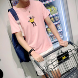 夏季潮流韩版t桖男士简单修身短袖T恤男圆领半袖血纯棉粉色小清新