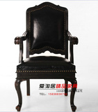 特价欧式新古典美式乡村单人沙发椅休闲椅书房椅实木雕花黑色皮椅