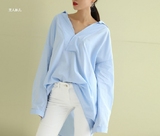 2016秋装新款韩国韩版V领长袖宽松蝙蝠袖中长款衬衫衬衣女上衣潮