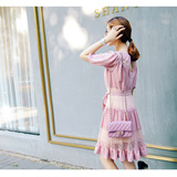 马大王定制2016夏新蕾丝镂空系带中长款修身粉色连衣裙女裙子F076
