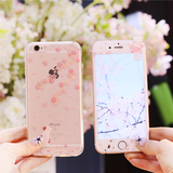 水钻樱花苹果6s手机壳钢化玻璃彩膜iPhone6 plus透明意防摔保护套