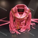 MOSCHINO幺幺香港代购粉红色流苏经典皮衣设计双肩背包 季末折