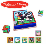 melissa doug儿童木质六面画9粒立体拼图 益智积木玩具 农场动物