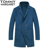 TOMMY反季高端双面羊绒大衣男士中长款双面羊毛呢大衣外套蓝色