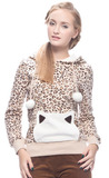 艾格ES2013冬季新款正品豹纹口袋猫咪连帽抓绒加绒套头卫衣