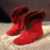 2016秋冬季红色新娘鞋婚鞋低跟粗跟真兔毛毛短靴女鞋女靴子裸靴