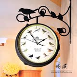 包邮小鸟报时挂钟 欧式田园卧室客厅双面钟 创意家居装饰铁艺钟表