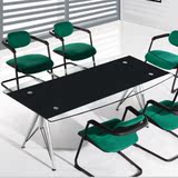 简约时尚钢化玻璃会议桌长条形会客桌不锈钢接待台 办公桌洽谈桌