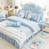 韩版公主纯棉床上用品三四件套荷叶花边床裙床罩全棉1.51.8m天蓝