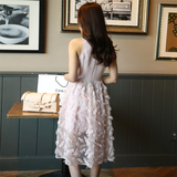 蕾丝连衣裙2016夏季新款女装韩版超美樱花无袖立体羽毛裙修身显瘦