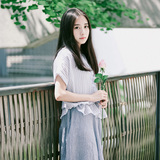 iFashion 2016新款夏季时尚文艺格子v领短袖衬衫女夏宽松上衣