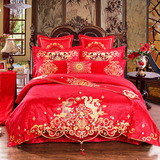 婚庆四件套大红刺绣新婚床品结婚4六八十件套纯棉绣花床上用品