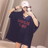 夏季新款韩国ulzzang宽松中长款上衣数字印花蝙蝠形7分袖T恤女潮