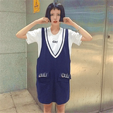 韩版夏季女装小清新软妹V领无袖连衣裙+宽松百搭刺绣短袖t恤套装