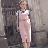 2016春夏新款粉色V领背带裙子女装韩版中长款修身高腰背带连衣裙