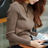 新款秋冬女装半高领修身韩版大码卡其色针织套头加绒毛衣打底衫潮