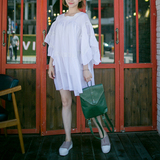 韩国喇叭袖超仙气质甜美小白裙a型宽松文艺复古棉麻连衣裙夏大码