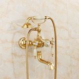 欧式金色浴缸冷热水龙头仿古卫浴简易三联淋浴花洒全铜美式水龙头