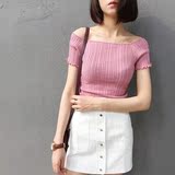 夏装韩版新款学院风百搭学生女装单件短袖修身一字领短款针织衫