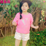 童装女童夏装新款韩国女孩纯棉印花短袖粉色亲子T恤 中大儿童上衣