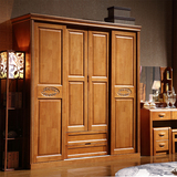 实木衣柜 移门四门推拉衣橱现代中式橡木4门卧室大衣柜整体 组装