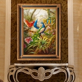 高档欧式古典孔雀手绘油画别墅玄关客厅壁炉竖版有框画花鸟装饰画