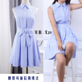 2016夏季新款韩版中长款显瘦蓝色条纹裙子无袖衬衫连衣裙女