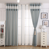 地中海风格蓝色窗帘 加厚雪尼尔竖条纹卧室 现代简约棉麻纱帘布料