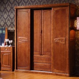 现代中式衣柜实木橡木推拉门实木衣柜移门大衣柜4门带镜子加顶柜