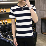 男士短袖t恤 圆领韩版青年学生修身条纹男装简约夏季莱卡棉半袖潮
