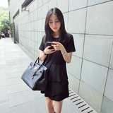 2016夏季韩版设计师新款修身小黑裙a字纯棉裙子百褶短袖连衣裙女