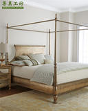 美式新古典金色复古做旧雕花实木床 欧式圆柱高床卧室家具定制