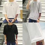 夏季宽松男T恤潮青年七分蝙蝠袖短袖体恤纯色简约半中袖打底衫薄