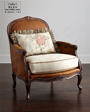 美式做旧实木单人沙发椅简约欧式古典奢华雕花老虎椅真皮休闲椅