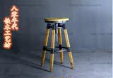 美式复古实木铁艺酒吧椅升降做旧吧台凳 餐椅KTV酒吧旋转高脚椅