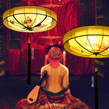 新中式吊灯圆形仿古典布艺手绘灯笼中国风客餐厅茶楼仿羊皮灯具