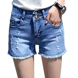 夏季韩版高腰学生弹力新款热裤卷边个性磨破洞牛仔短裤女修身薄款