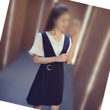 夏季2016新款韩版两件套背带连衣裙女装荷叶袖高腰V领a字短裙D502