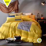 纯色贴布绣四件套全棉简约1.8m床上用品纯棉床单被套双人黄色斜纹