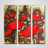 手绘VERY-ART怒放红色花朵三拼组合画现代时尚家居装饰花卉油画