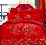 中式婚庆床品 全棉绣花被套四六八多件套龙凤呈祥鸳鸯百子大红色