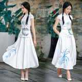 旗袍女夏季2016新款中式改良修身手绘民族风短袖上衣长裙两件套装