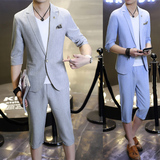 夏季男士中袖西服套装韩版修身青年两件套英伦棉麻小西装薄款中裤