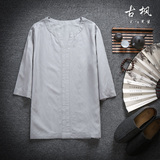 夏季中国风亚麻七分袖男士短袖T恤中式复古棉麻男装男潮流V领汉服