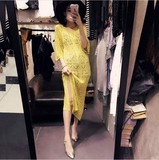 2016新款时尚V领性感透视钩花镂空针织连衣裙系带显瘦开叉长裙