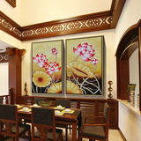 油画定制手绘家居客厅餐厅玄关装饰画金箔画荷花花卉二联挂画