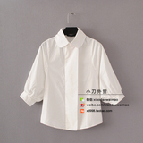 小刀外贸  夏季韩版女装职业范灯笼袖修身衬衫纯色七分袖白衬衫