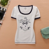 小熊维尼2016夏装印花条纹卡通圆领短袖T恤中学生少女打底T恤衫