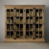 美式实木做旧书柜复古橡木大户型整装天地锁实木书橱展示柜收纳柜