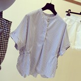 2016夏装新款短袖条纹衬衫女韩国百搭宽松蝙蝠袖立领半袖蓝白衬衣
